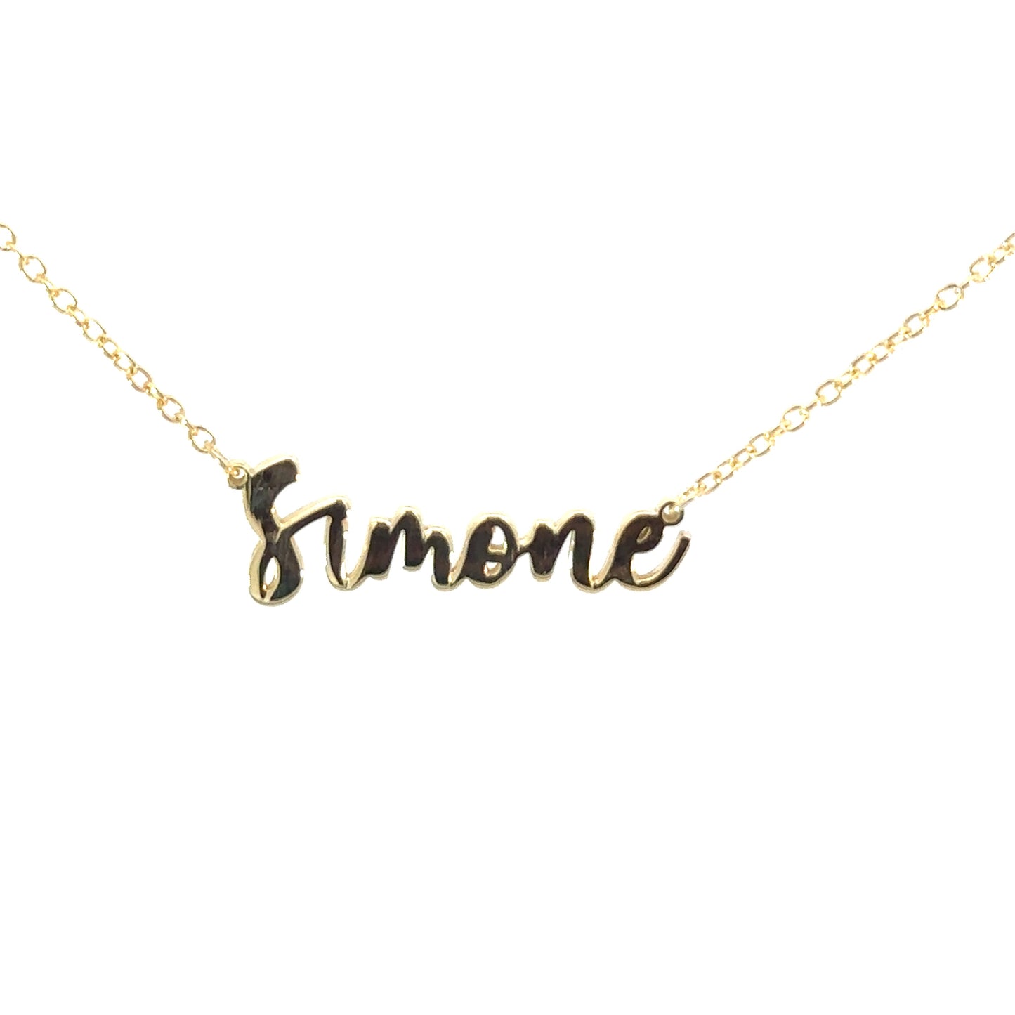 Gold necklace with 'Simone' pendant on a white background