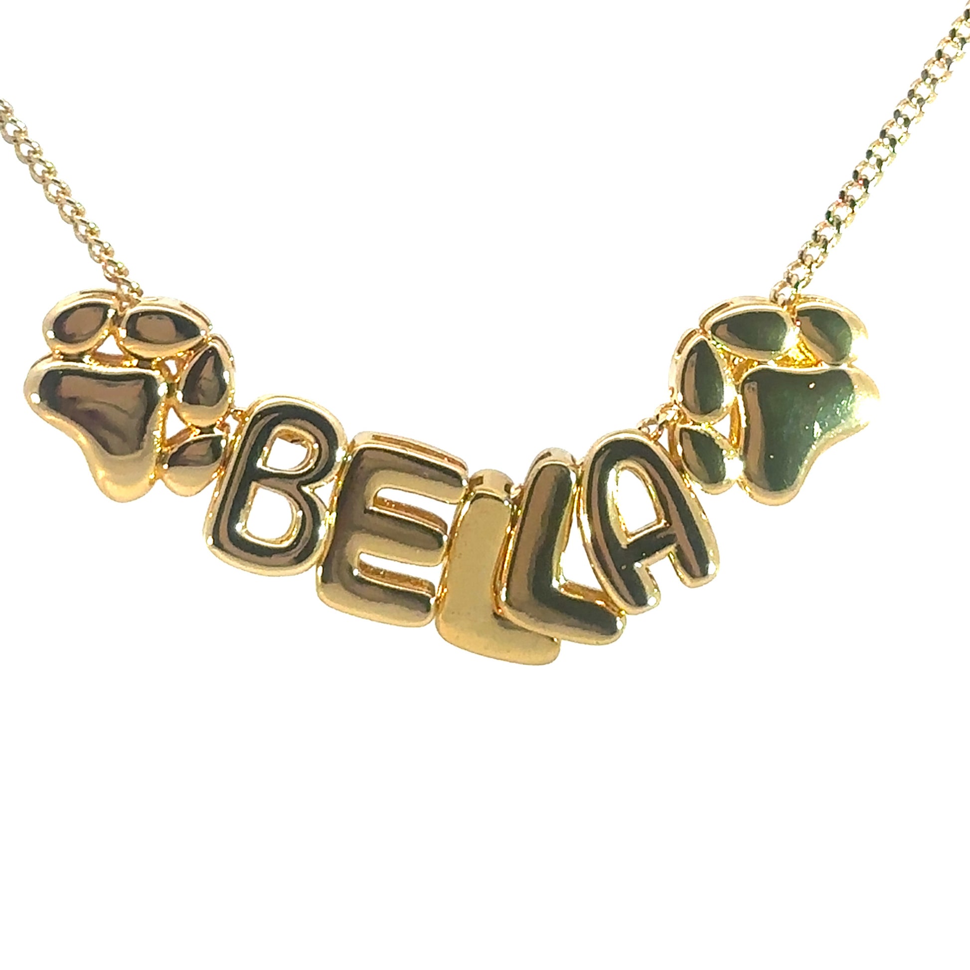 Gold necklace with paw prints and 'Bella' on a white background