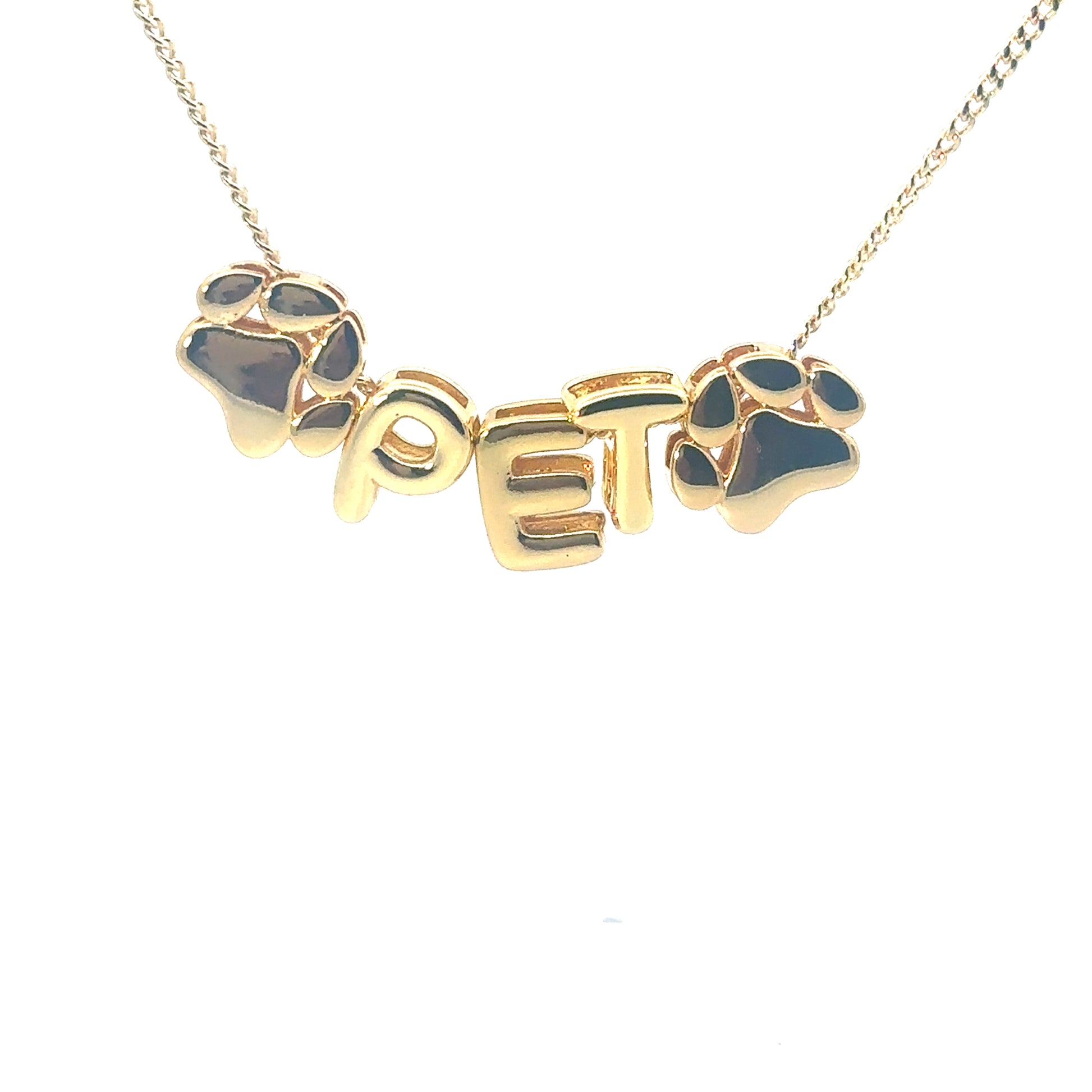 Gold necklace with 'PET' letters and paw prints on a white background