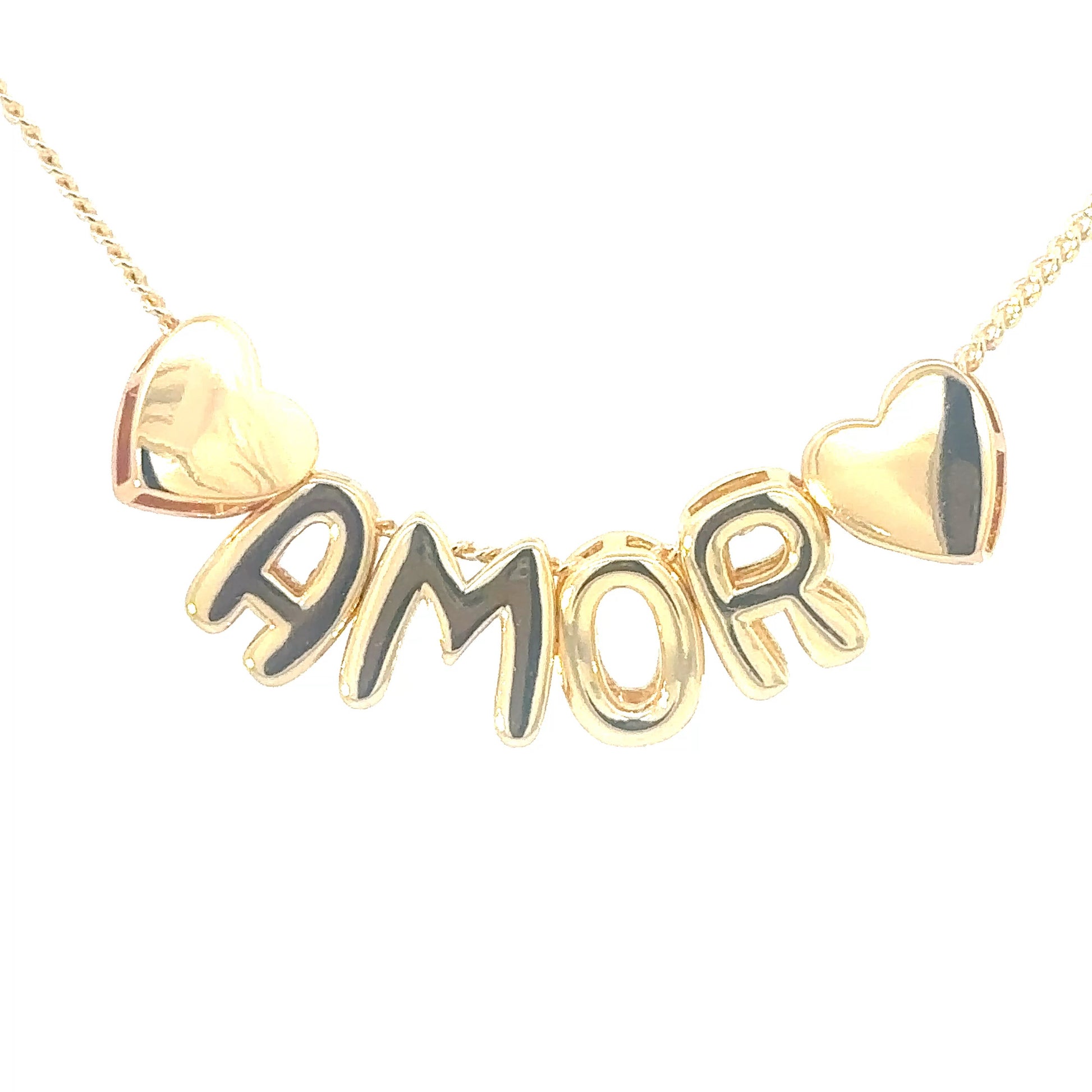 Gold necklace with 'AMOR' pendant on a white background