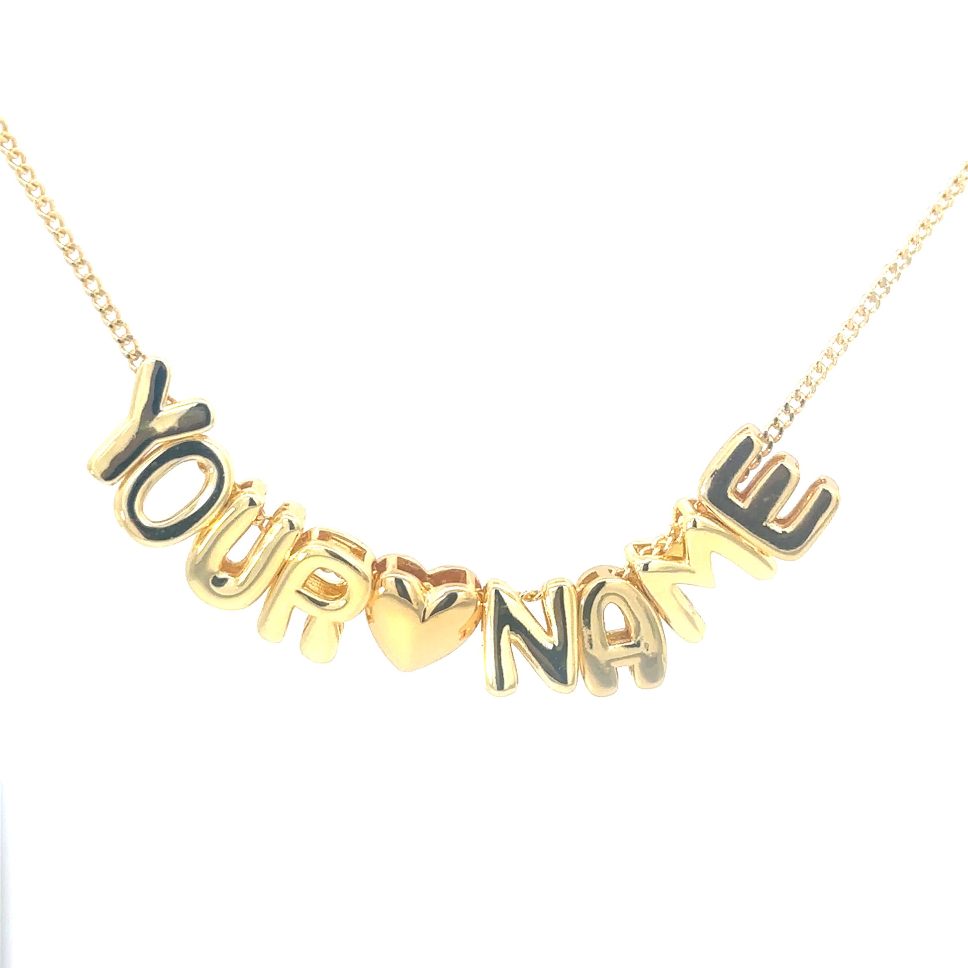 Gold necklace with 'YOUR NAME' pendant on a white background