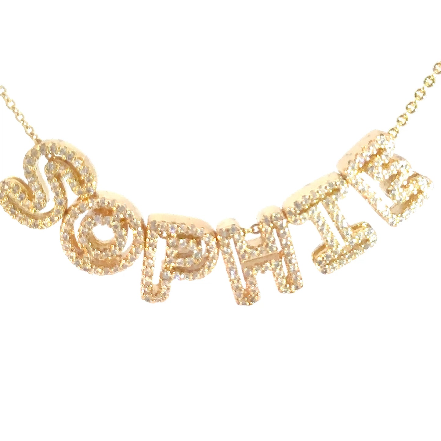 Gold necklace with 'SOPHIE' pendant on a white background