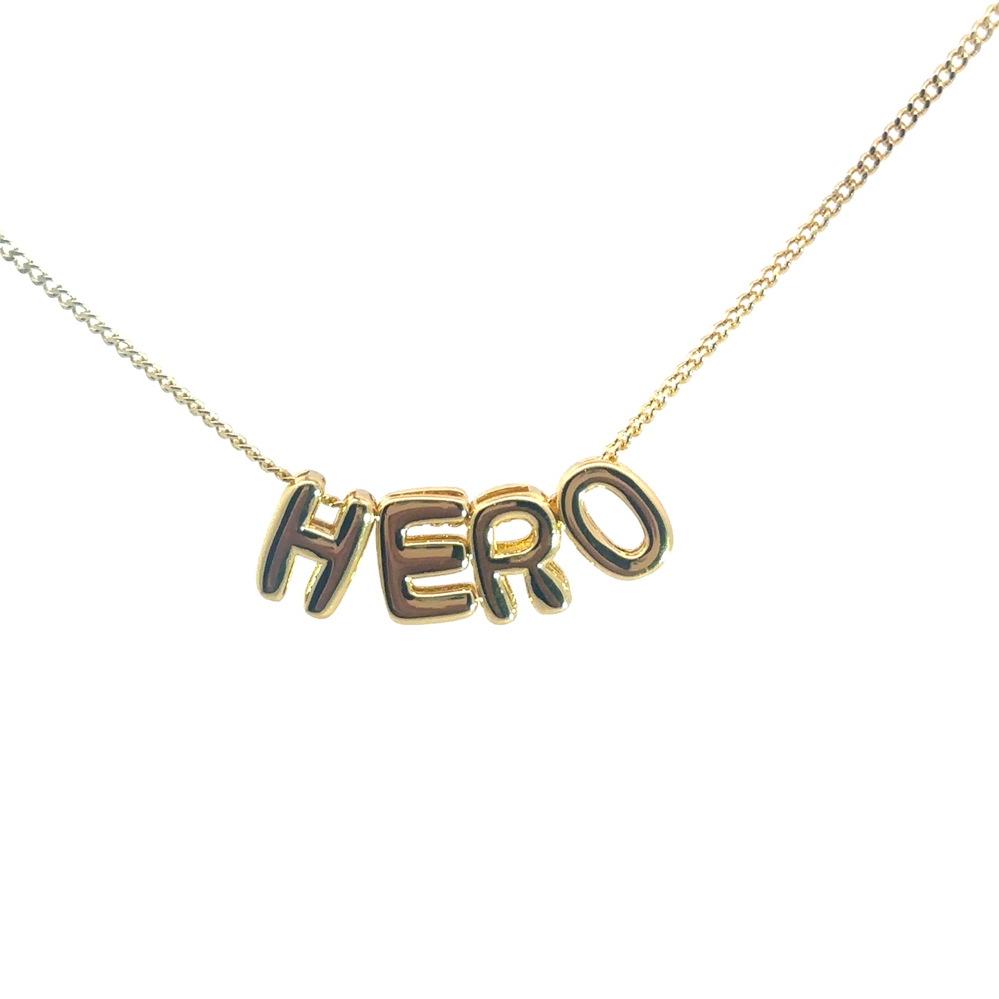 Gold necklace with 'HERO' pendant on a white background