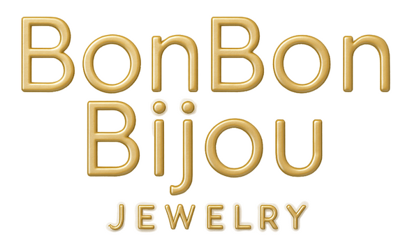 Gold 'BonBon Bijou Jewelry' logo on a white background